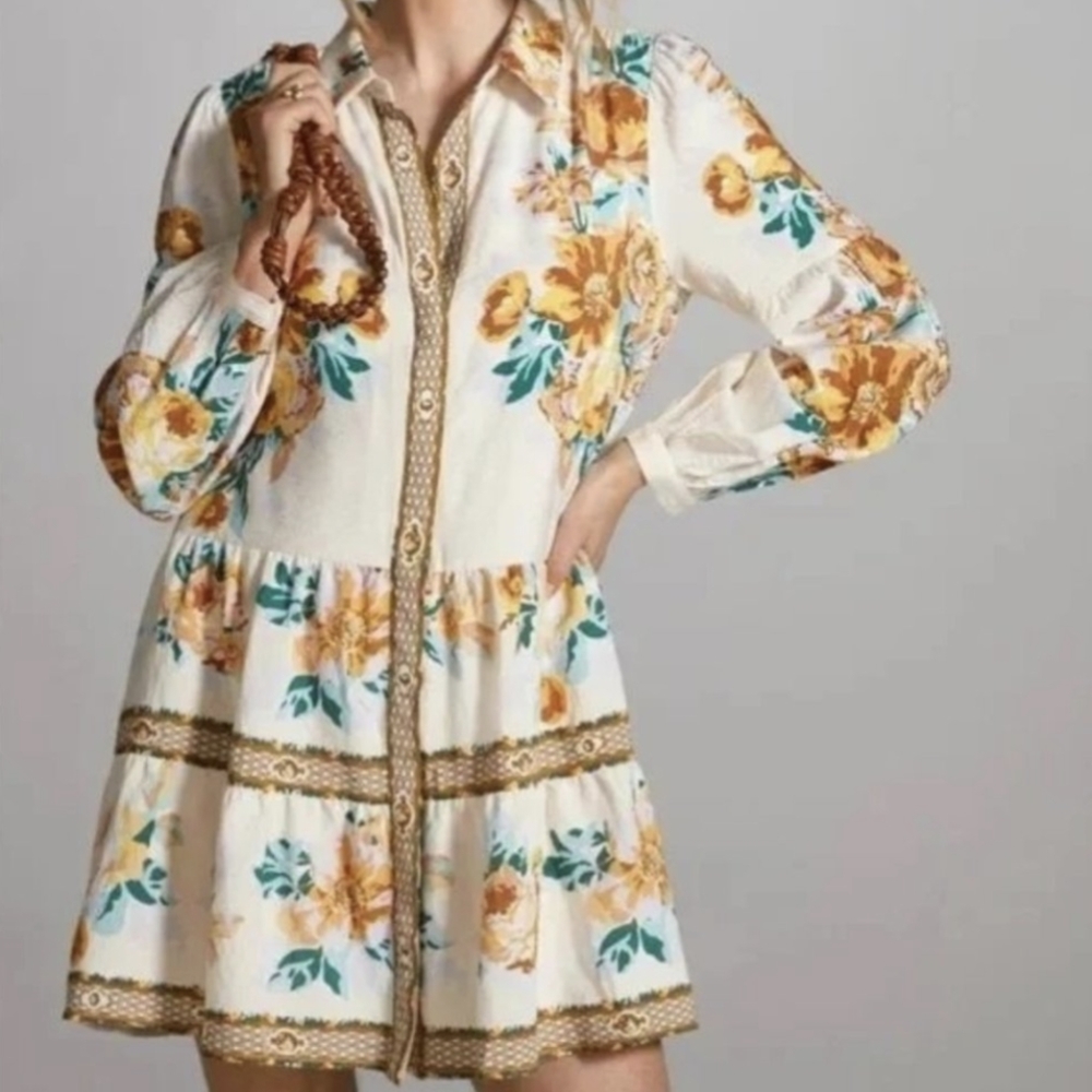 Floral Tiered Mini Shirt Dress by Anthropologie